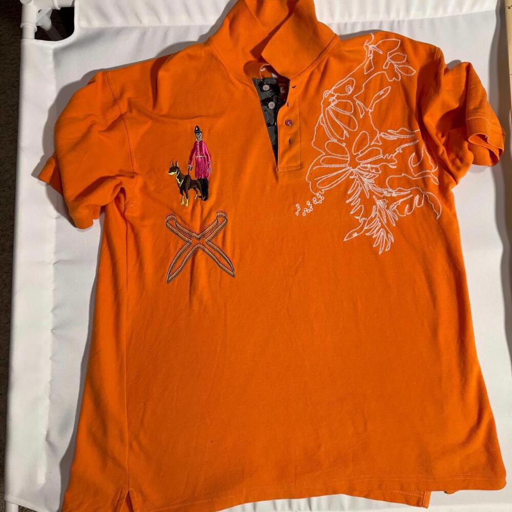 Vintage Artful Dodger Polo Shirt XL Bright Orange 100%Cotton Embroidered Graphic